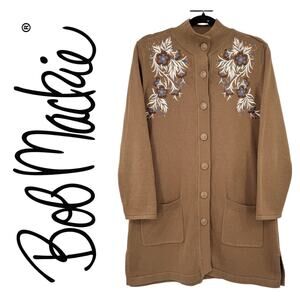 Bob Mackie Floral Embroidered Button Front Duster Cardigan M Brown Artsy Pockets